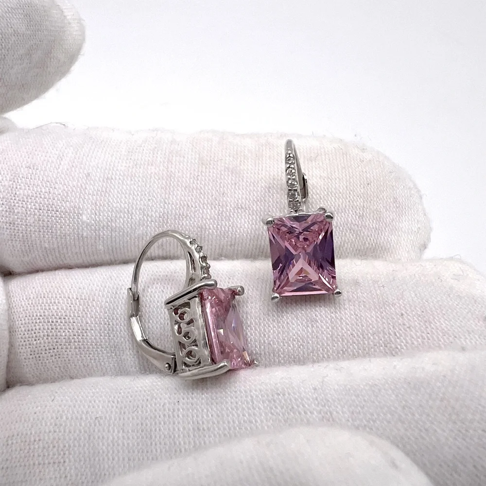 .925 Sterling Silver 9mmx7mm Rectangle Pink Cz Lever Back Earrings - Picture 9 of 13